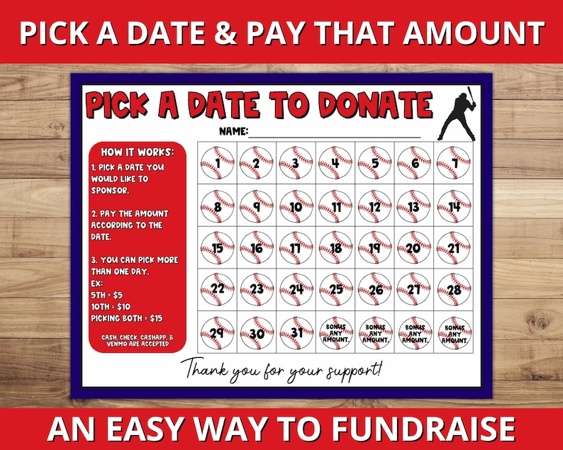Baseball Calendar Fundraiser, Pick a Date to Donate Printable, Baseball Baseball Calendar Fundraiser, Pick a Date to Donate Printable, Baseball