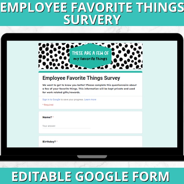 Employee Favorite Things Questionnaire, Editable Google Form