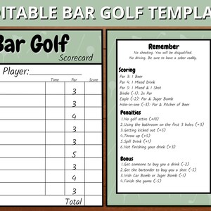 Plantilla de tarjeta de puntuación de golf de pub de golf editable, plantilla de tarjeta de puntuación de golf de pub editable