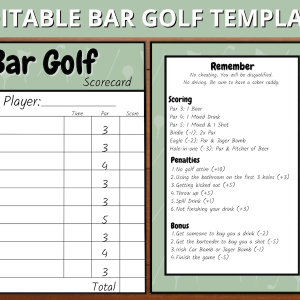 Editable Bar Golf Pub Golf Score Card Template, Editable Pub Golf Score Card Template