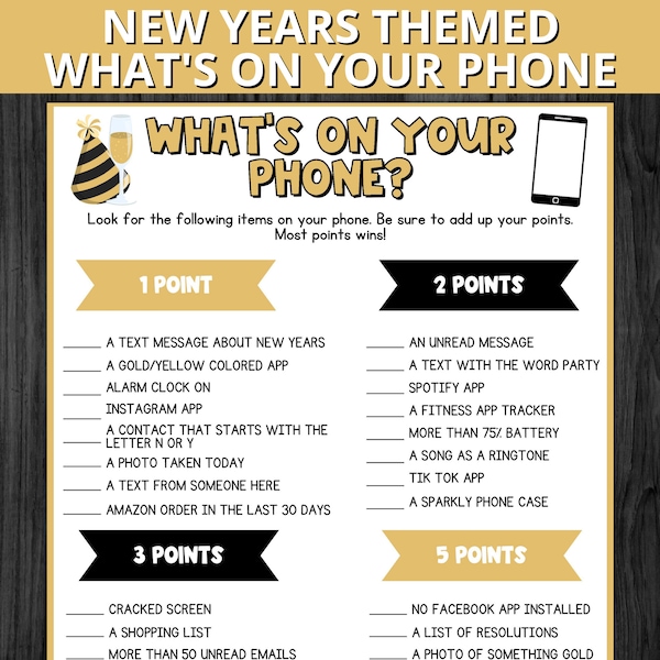 New Years What's On Your Phone Game, NYE Printable Games, New Year's Eve Party Games
