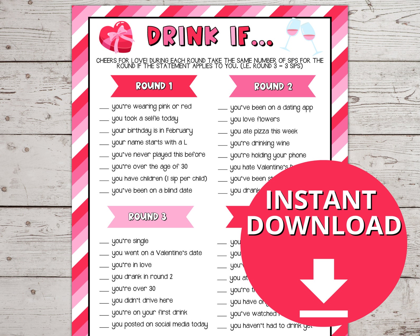Valentine's Day Drink If Game, Adult Galentine's Day Drinking Game Printable, Valentine's Day