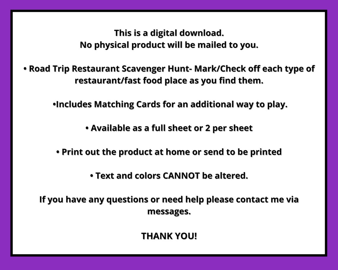 Road Trip Scavenger Hunt Restaurant Scavenger Hunt Printable | Etsy