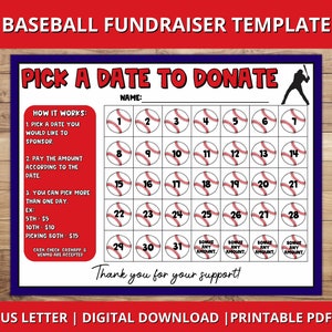Baseball Calendar Fundraiser, Pick a Date to Donate Printable, Baseball Fundraiser Template