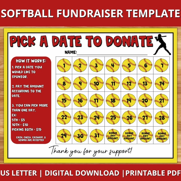 Softball Calendar Fundraiser, Pick a Date to Donate Printable, Softball Fundraiser Template