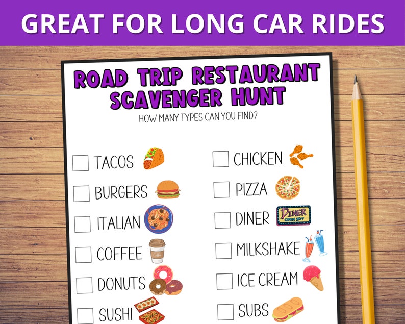 Road Trip Scavenger Hunt, Restaurant Scavenger Hunt Printable for Kids ...