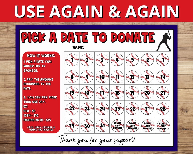 Baseball Calendar Fundraiser Pick A Date To Donate Printable Baseball 