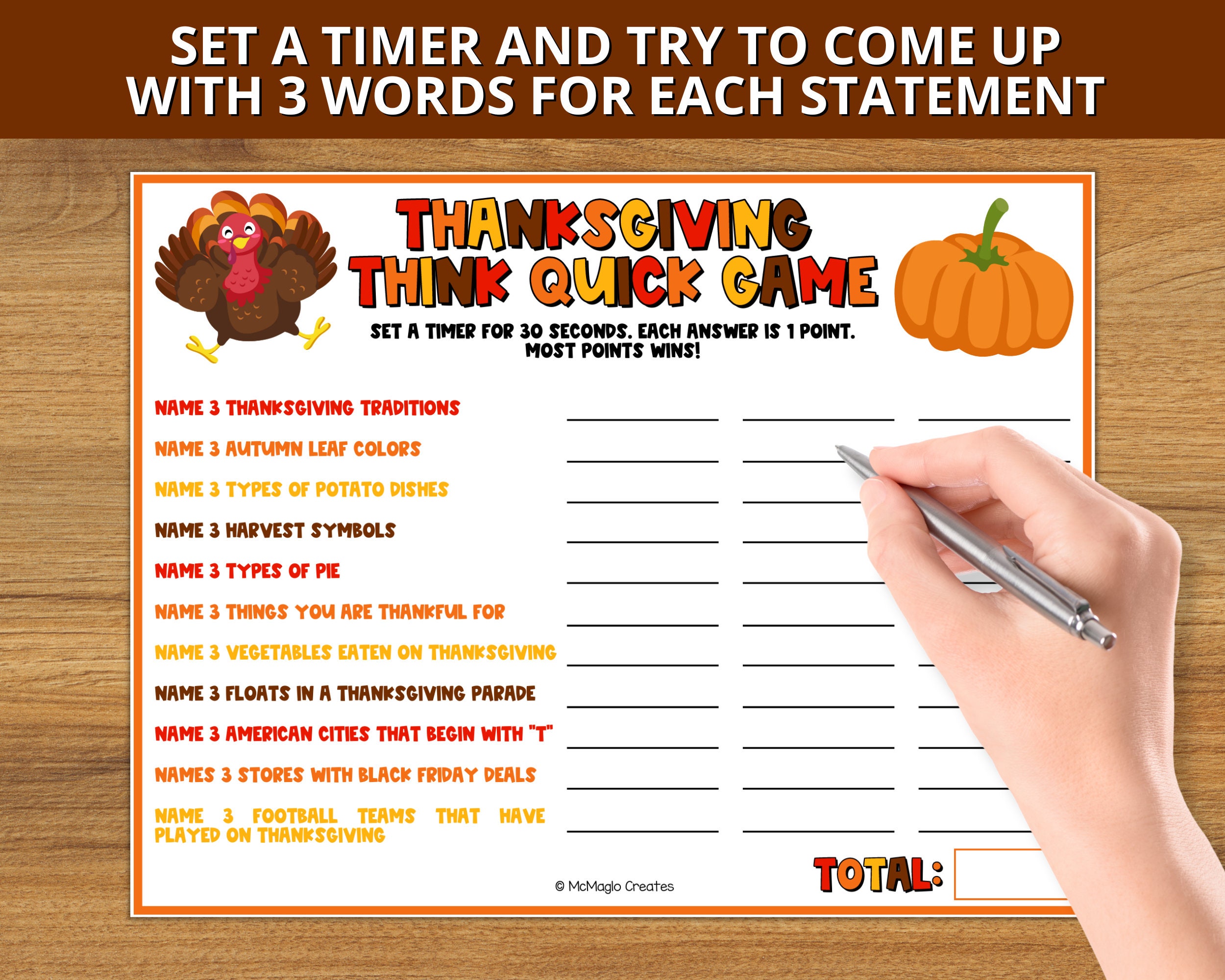 Thanksgiving Trivia Game, Think Fast Game, Thanksgiving Printable Games,  Fun Friendsgiving Game, Zoom Game, Family Game, Instant Download