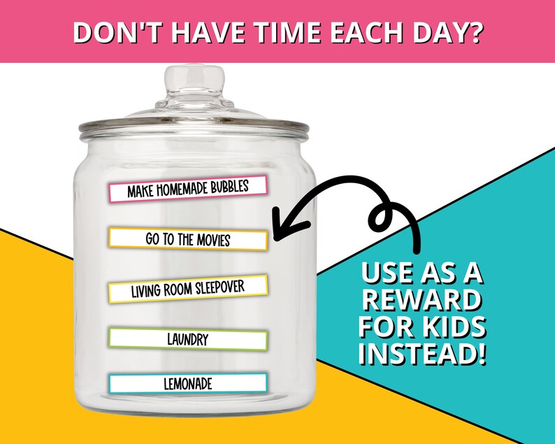 May include: A clear glass jar with a lid, filled with colourful paper slips. The slips have different activities written on them, such as "Make Homemade Bubbles", "Go to the Movies", "Living Room Sleepover", "Laundry", and "Lemonade". The text "USE AS A REWARD FOR KIDS INSTEAD!" is written on a blue and yellow background.