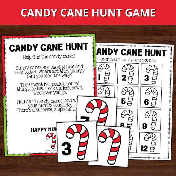 Printable Candy Cane Hunt Game, Candy Cane Scavenger Hunt, Holiday Game for Kids