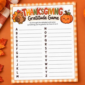 Juego de agradecimiento de Acción de Gracias para imprimir, actividad de agradecimiento de la A a la Z para niños y adultos, juego para fiestas de Acción de Gracias, juego de mesa para la cena familiar.