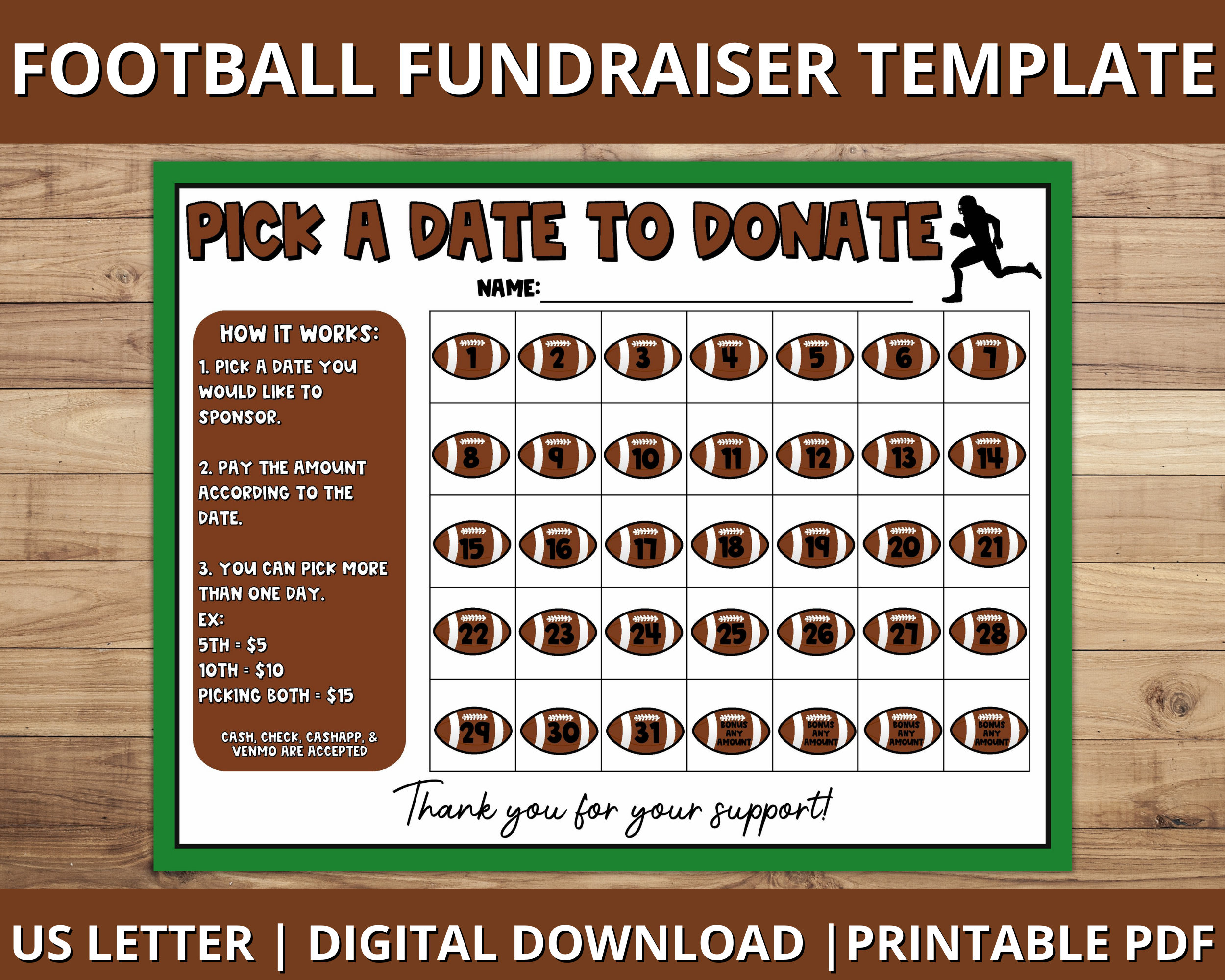 Football Calendar Fundraiser Pick a Date to Donate Printable Etsy Denmark