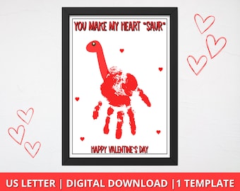 Valentine's Day Handprint Art, Dinosaur Valentine's Day Handprint Keepsake, Daycare Handprint Art for Valentine's Day