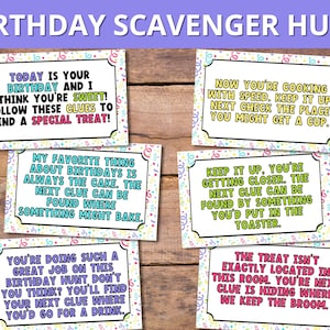 Cartão de dicas de caça ao tesouro de aniversário para impressão, caça ao tesouro de aniversário, festa de aniversário para impressão