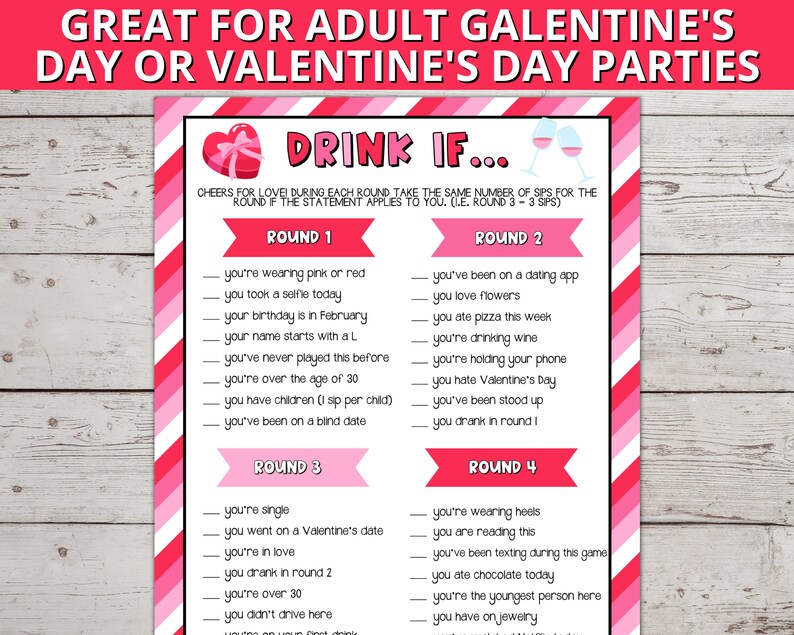 Valentine's Day Drink If Game, Adult Galentine's Day Drinking Game Printable, Valentine's Day