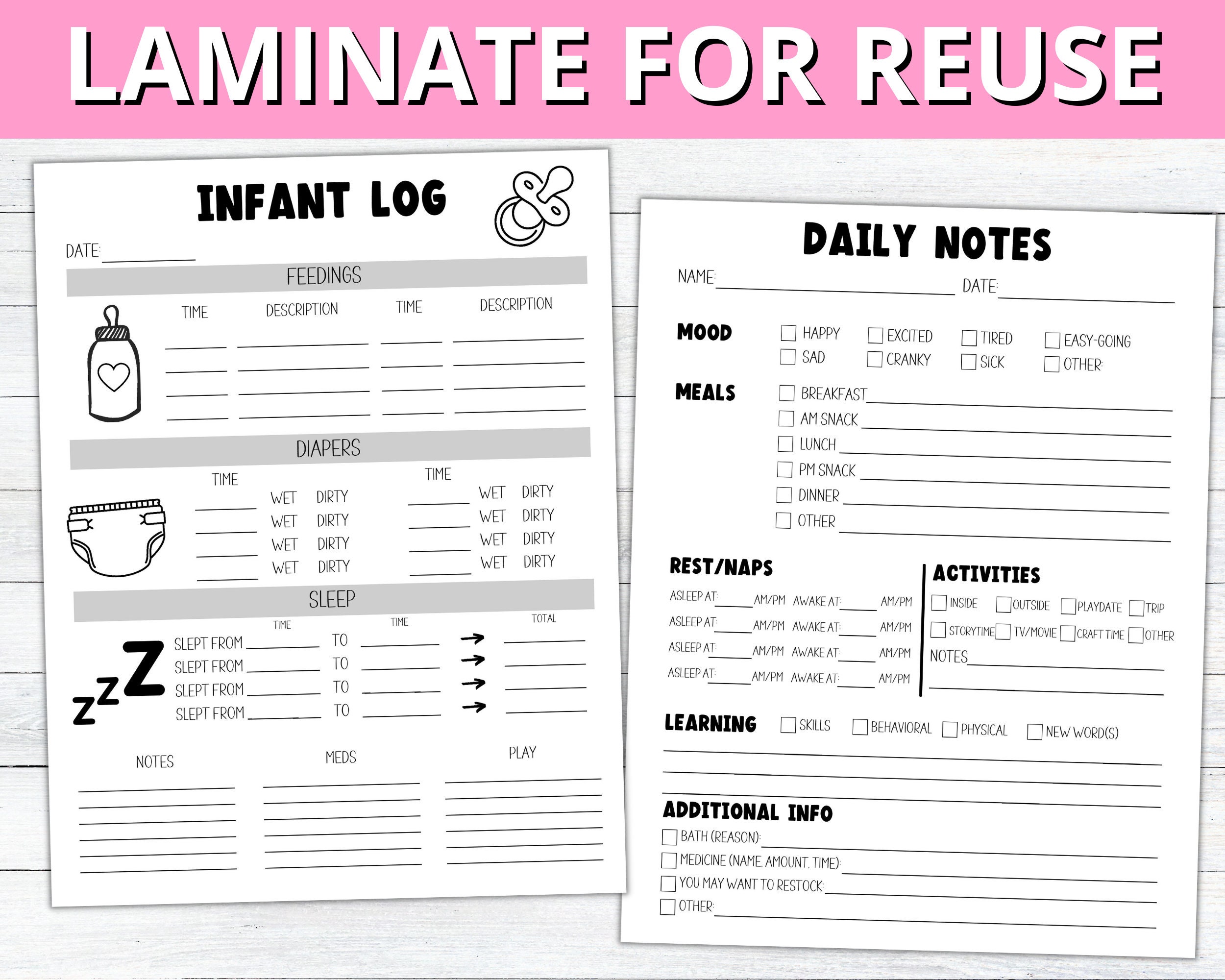 Infant Daily Log Printable, Baby Daily Log and Notes, Infant Daily