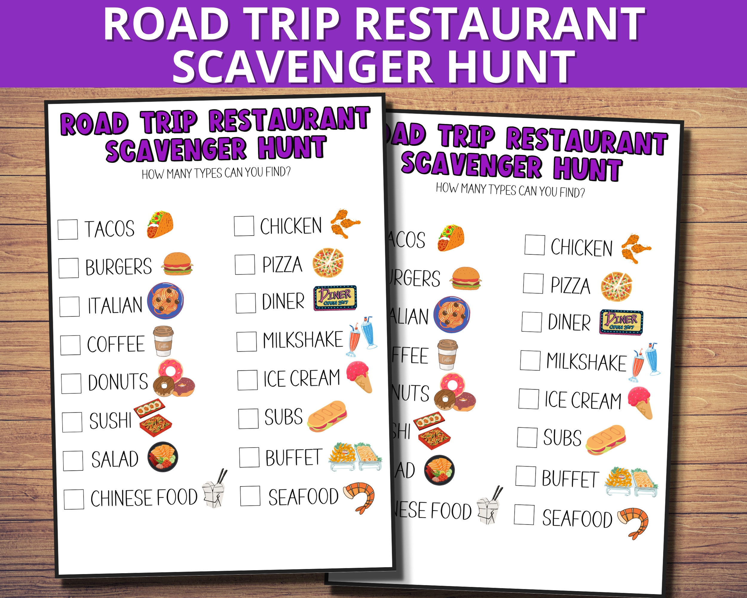 Road Trip Scavenger Hunt, Restaurant Scavenger Hunt Printable for Kids