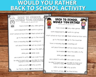 Puede incluir: Una actividad de regreso a la escuela imprimible para niños. La actividad es un juego de "¿Qué prefieres?" con 10 escenarios diferentes. Cada escenario tiene dos opciones, y el jugador debe elegir qué opción preferiría hacer. Las opciones incluyen cosas como leer un libro o jugar videojuegos, trabajar de forma independiente o trabajar en grupo, empezar la escuela una hora tarde o terminar la escuela una hora antes, ir a la playa o ir a la montaña, tener un perro que maúlla o un gato que ladra, comer pizza para siempre o comer helado para siempre, ser invisible o tener la capacidad de volar, beber jugo o beber soda, usar un lápiz para escribir o usar un bolígrafo para escribir, poder leer la mente de tu maestro o poder leer la mente de tu compañero de clase, despertarte temprano o quedarte despierto hasta tarde, y tener sed todo el día o estar cansado todo el día.