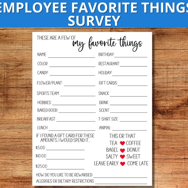 Employee Favorite Things Survey, Co-worker All About Me List, Employee Favorites Printable