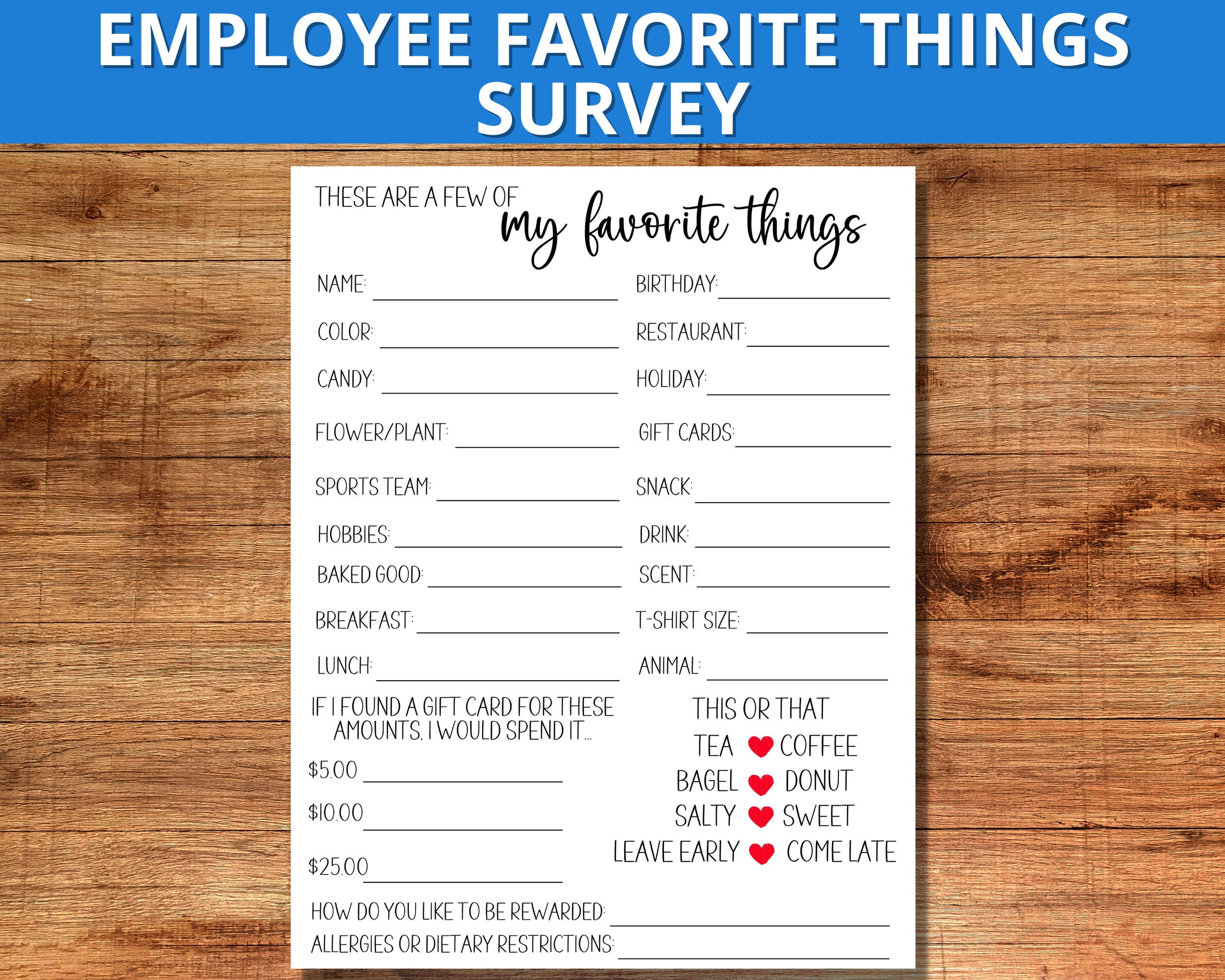 Employee Favorites List, My Favorite Things, Employee Wish List,  Teambuilding, This & That Survey INSTANT DOWNLOAD 