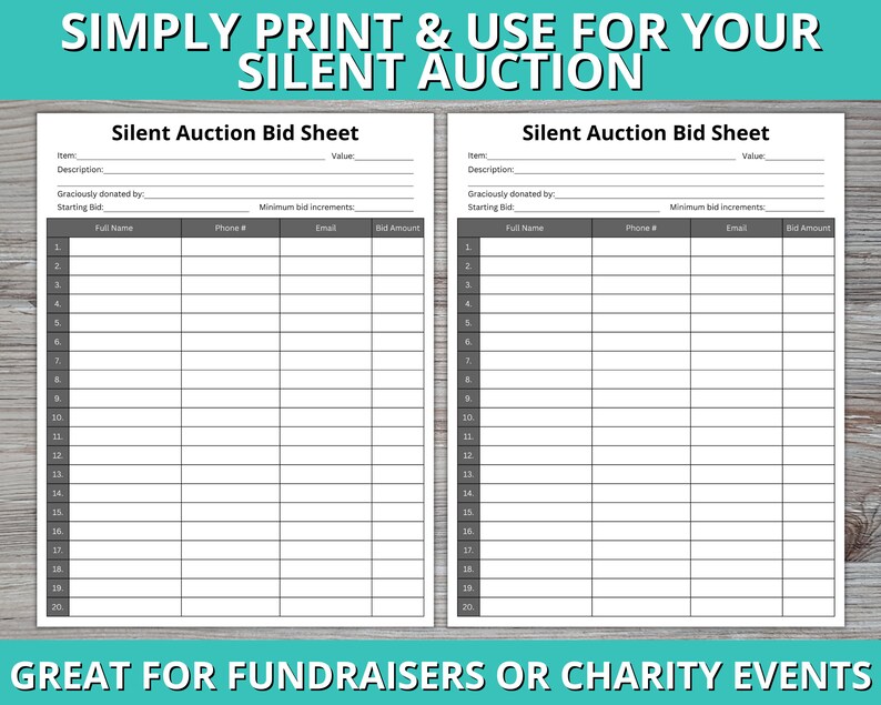 Silent Auction Bid Sheet Editable Silent Auction Form Silent Etsy