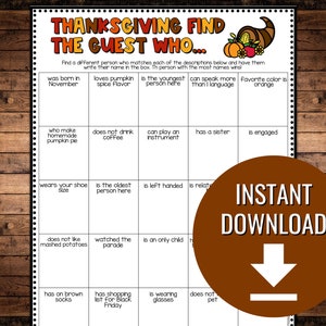 Thanksgiving Find the Guest Who Game, Adult Thanksgiving Party Games ...