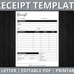 Editable Receipt Template,  Customer Receipt Template, Order Receipt Form