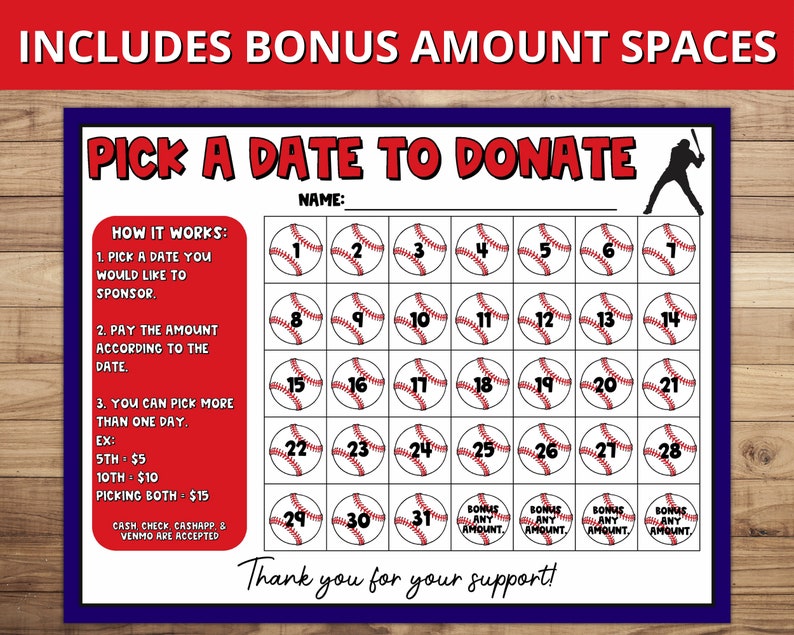 Baseball Calendar Fundraiser Pick A Date To Donate Printable Etsy Baseball Calendar Fundraiser Pick A Date To Donate Printable Etsy