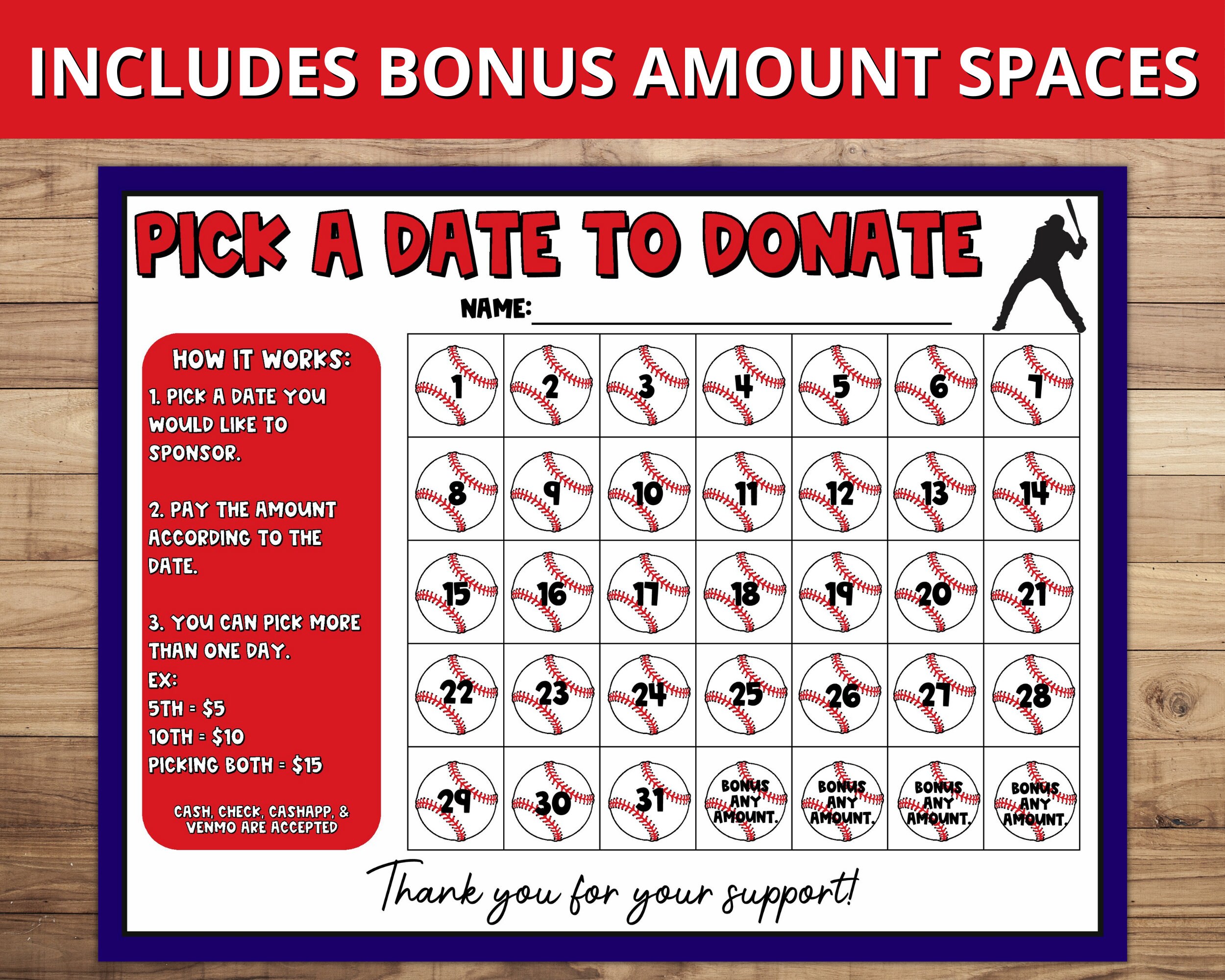 Baseball Calendar Fundraiser Pick A Date To Donate Printable Baseball Fundraiser Template Etsy