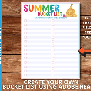 Peut inclure: Une liste de choses &agrave; faire pour l'&eacute;t&eacute; imprimable avec un titre color&eacute; "SUMMER BUCKET LIST" et une illustration de dessin anim&eacute; d'un ch&acirc;teau de sable. La liste comporte 15 lignes vides avec des cases &agrave; cocher pour cocher les activit&eacute;s au fur et &agrave; mesure qu'elles sont termin&eacute;es. Le texte "TYPE IN THE BLUE FIELDS TO CREATE YOUR LIST" est sur le c&ocirc;t&eacute; droit de l'image.