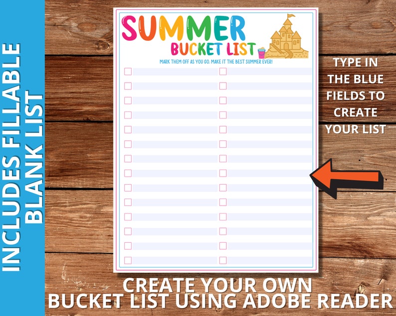 Peut inclure: Une liste de choses &agrave; faire pour l'&eacute;t&eacute; imprimable avec un titre color&eacute; "SUMMER BUCKET LIST" et une illustration de dessin anim&eacute; d'un ch&acirc;teau de sable. La liste comporte 15 lignes vides avec des cases &agrave; cocher pour cocher les activit&eacute;s au fur et &agrave; mesure qu'elles sont termin&eacute;es. Le texte "TYPE IN THE BLUE FIELDS TO CREATE YOUR LIST" est sur le c&ocirc;t&eacute; droit de l'image.