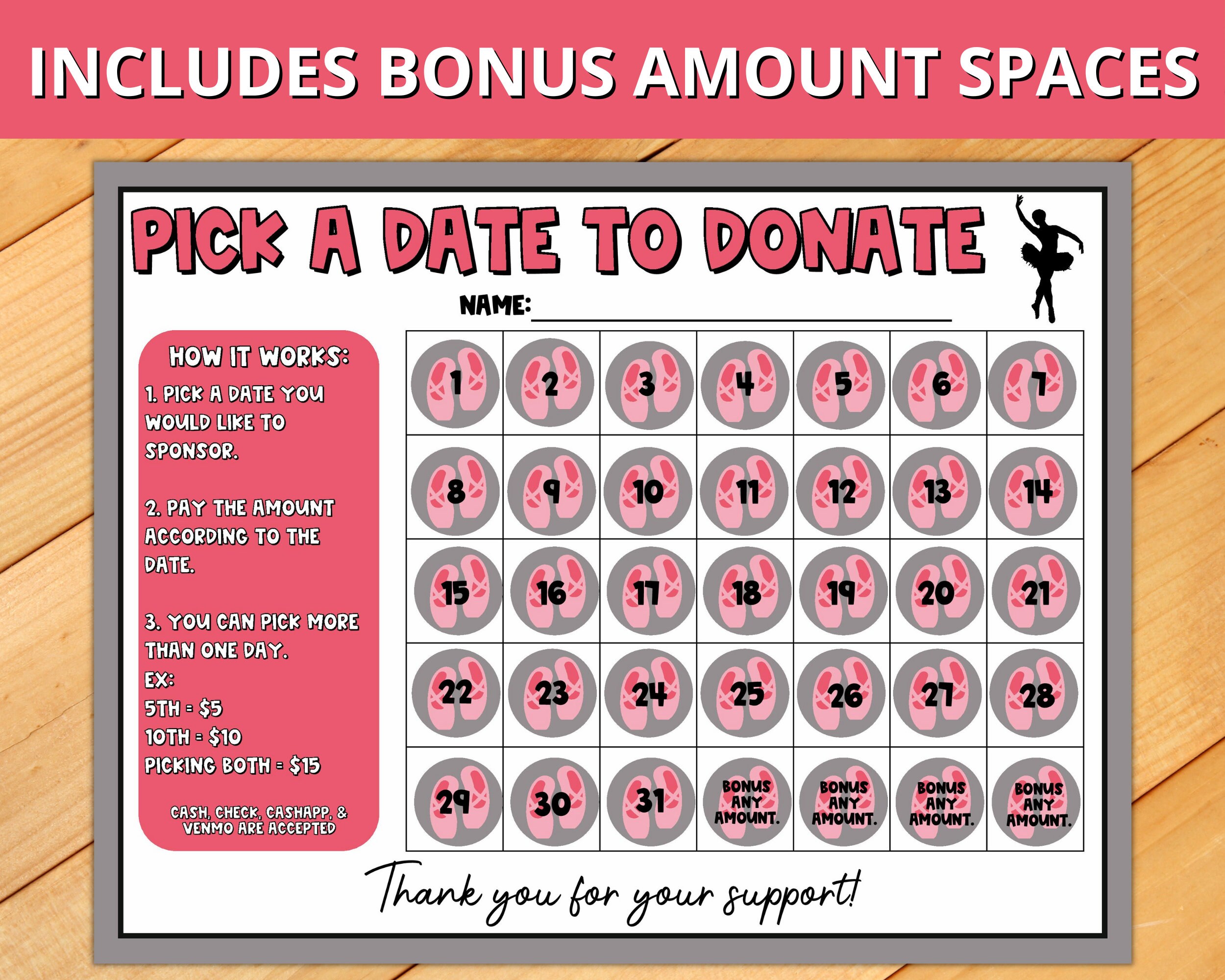 Dance Calendar Fundraiser Pick A Date To Donate Printable Etsy