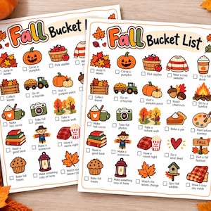 May include: Two identical printed checklists titled Fall Bucket List featuring colorful illustrations of seasonal activities like carving pumpkins, drinking cocoa, and visiting a pumpkin patch, each with checkboxes for tracking progress.