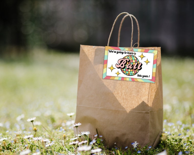 May include: A brown paper bag with a colorful tag that says "We're going to have a Ball this year!" with a disco ball graphic.