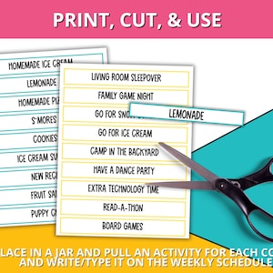 May include: Printable activity cards in a yellow and blue colour scheme. The cards feature a range of activities, including "Homemade Ice Cream", "Lemonade", "Living Room Sleepover", and "Family Game Night". The cards are designed to be cut out and placed in a jar for random activity selection.