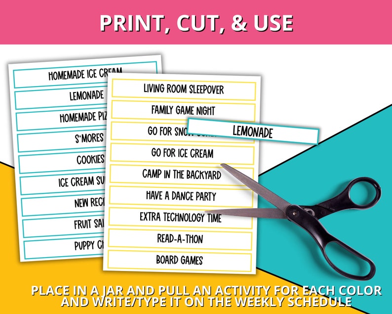 May include: Printable activity cards in a yellow and blue colour scheme. The cards feature a range of activities, including "Homemade Ice Cream", "Lemonade", "Living Room Sleepover", and "Family Game Night". The cards are designed to be cut out and placed in a jar for random activity selection.