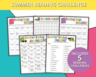 Könnte beinhalten: Fünf bunte, druckbare Sommer-Lesechallenge-Bingo-Karten. Die Karten bieten verschiedene Themen, darunter eine 100-Buch-Challenge, eine Alphabet-Challenge und eine Lese-Bingo-Challenge. Die Karten sind mit lustigen sommerlichen Illustrationen verziert.