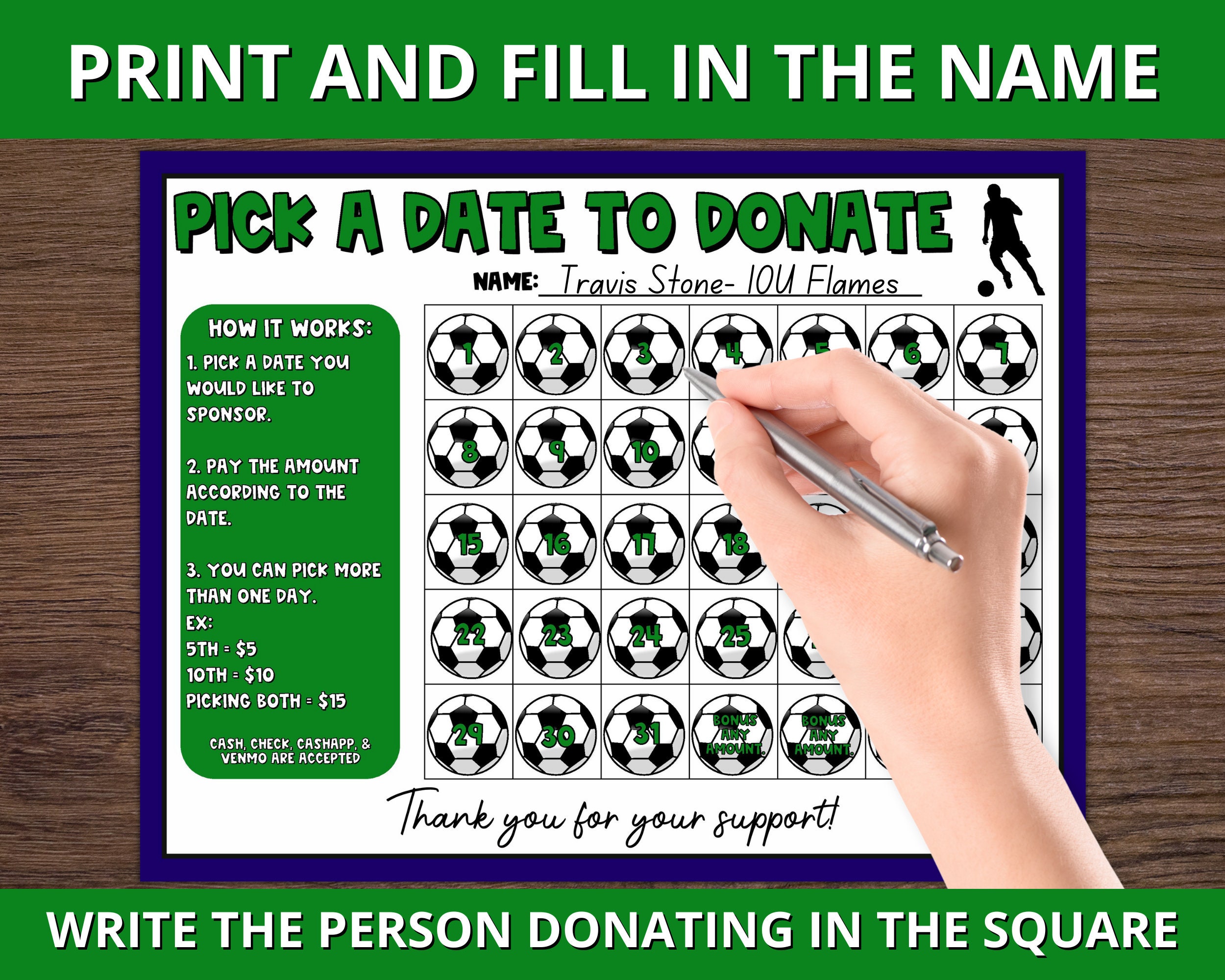 Soccer Calendar Fundraiser, Pick a Date to Donate Printable, Soccer