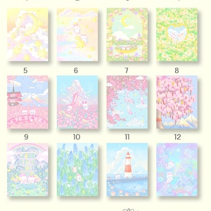 May include: A set of 12 pastel-colored illustrations featuring cute cartoon animals and whimsical scenes. The illustrations are arranged in a grid with numbers 1 through 12 labeling each image. The illustrations include a moon, stars, flowers, a lighthouse, a windmill, a bookshelf, and a mountain.