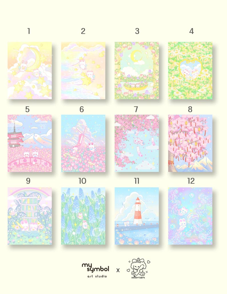 May include: A set of 12 pastel-colored illustrations featuring cute cartoon animals and whimsical scenes. The illustrations are arranged in a grid with numbers 1 through 12 labeling each image. The illustrations include a moon, stars, flowers, a lighthouse, a windmill, a bookshelf, and a mountain.