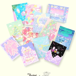 May include: A set of 10 pastel-colored illustrated cards featuring various scenes with cute characters. The cards feature a variety of themes, including a Christmas tree, a carousel, a gummy bear stand, and a winter wonderland. The cards are perfect for adding a touch of whimsy to any space.