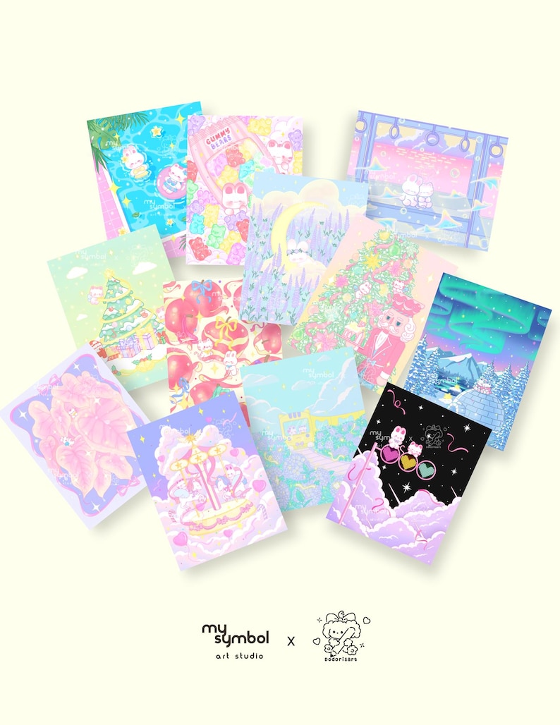 May include: A set of 10 pastel-colored illustrated cards featuring various scenes with cute characters. The cards feature a variety of themes, including a Christmas tree, a carousel, a gummy bear stand, and a winter wonderland. The cards are perfect for adding a touch of whimsy to any space.