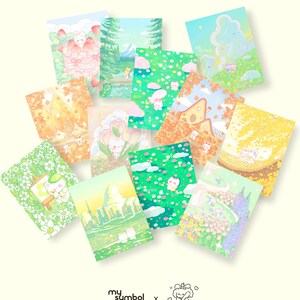 May include: A set of 10 illustrated cards featuring cute cartoon animals in various pastel colors and whimsical settings. The cards feature a variety of scenes, including a forest, a field of flowers, and a cityscape. The cards are perfect for adding a touch of whimsy to any space.