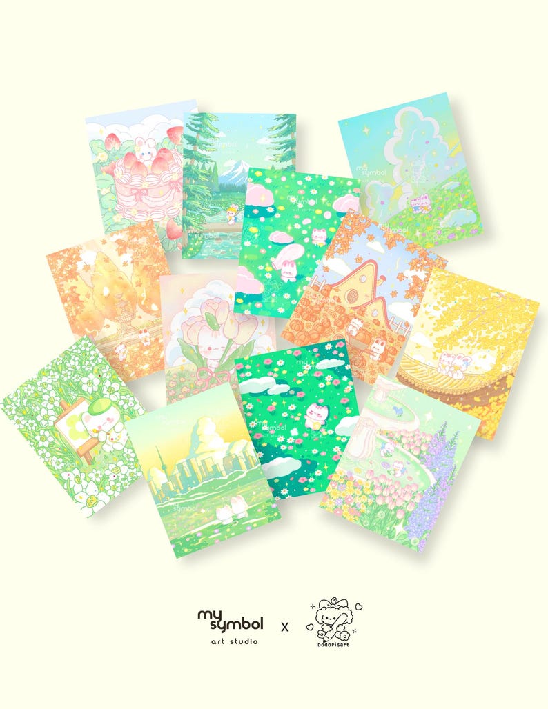May include: A set of 10 illustrated cards featuring cute cartoon animals in various pastel colors and whimsical settings. The cards feature a variety of scenes, including a forest, a field of flowers, and a cityscape. The cards are perfect for adding a touch of whimsy to any space.
