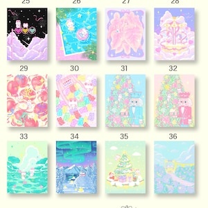 May include: A set of 12 digital illustrations featuring cute cartoon characters in various pastel colors and whimsical settings. The illustrations include a carousel, a pool, a Christmas tree, a mountain scene, and more.