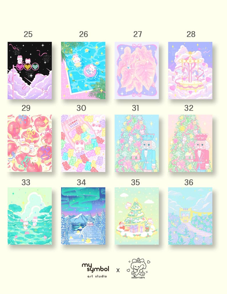 May include: A set of 12 digital illustrations featuring cute cartoon characters in various pastel colors and whimsical settings. The illustrations include a carousel, a pool, a Christmas tree, a mountain scene, and more.