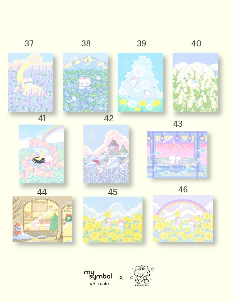 May include: A set of 10 digital illustrations featuring cute cartoon animals in various pastel-colored settings. The illustrations are numbered 37 through 46.