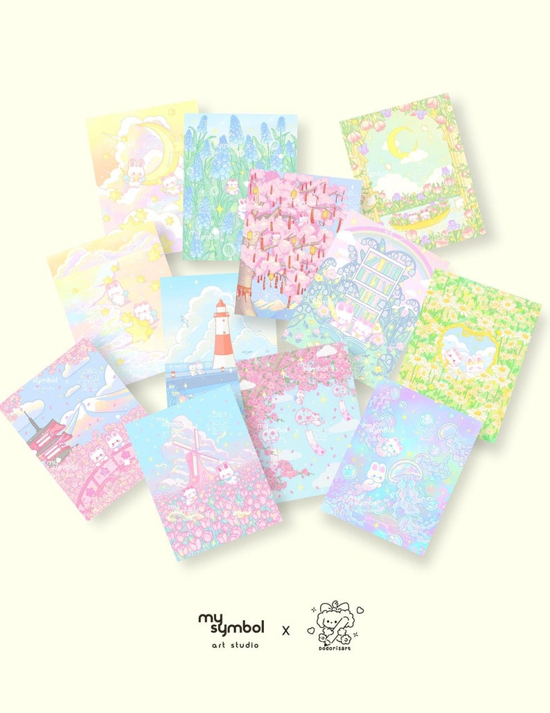 May include: A set of 10 pastel-colored illustrations featuring cute bunnies in various whimsical settings. Each illustration is framed with a white border and includes the text "my symbol art studio x adorikars".