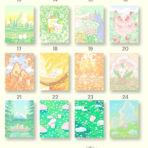 May include: A set of 12 illustrated cards featuring cute cartoon animals in various settings. The cards are numbered 13 through 24 and are arranged in a grid pattern. The cards are all pastel colors and feature a variety of scenes, including a city skyline, a garden, a forest, and a mountain range.