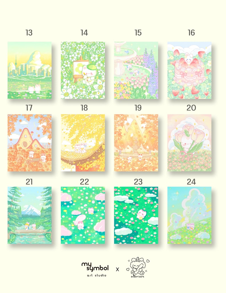 May include: A set of 12 illustrated cards featuring cute cartoon animals in various settings. The cards are numbered 13 through 24 and are arranged in a grid pattern. The cards are all pastel colors and feature a variety of scenes, including a city skyline, a garden, a forest, and a mountain range.